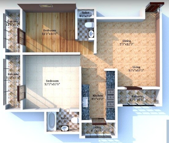 Floor plan of 2 BHK 1225 Sq. Ft. Apartment in Romell Dynasty, Mumbai