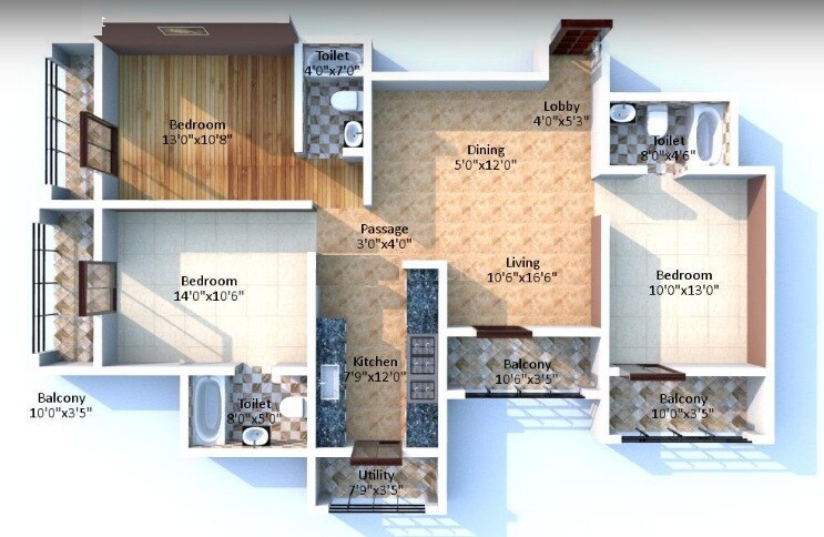 Floor plan of 3 BHK 1565 Sq. Ft. Apartment in Romell Dynasty, Mumbai