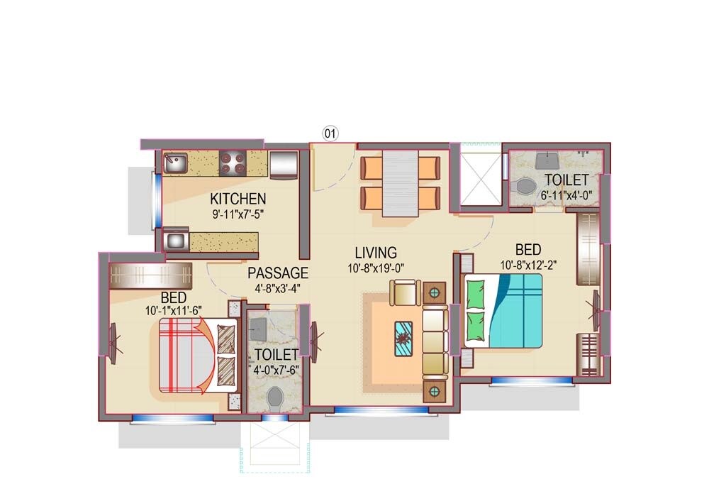 Floor plan of 2 BHK 610 Sq. Ft. Apartment in Romell Empress, Mumbai