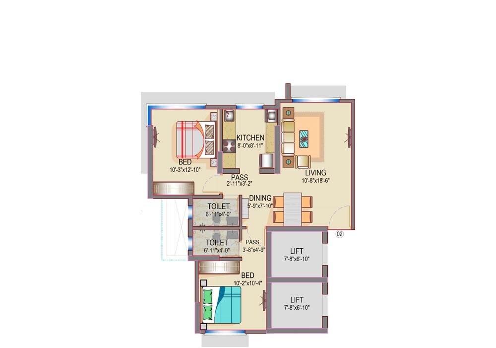 Floor plan of 2 BHK 642 Sq. Ft. Apartment in Romell Empress, Mumbai