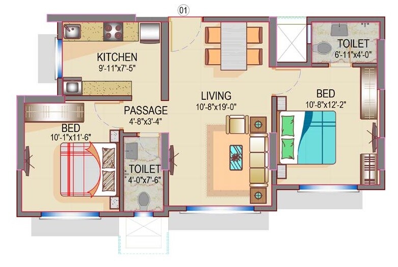 Floor plan of 2 BHK 610 Sq. Ft. Apartment in Romell Empress Phase II, Mumbai