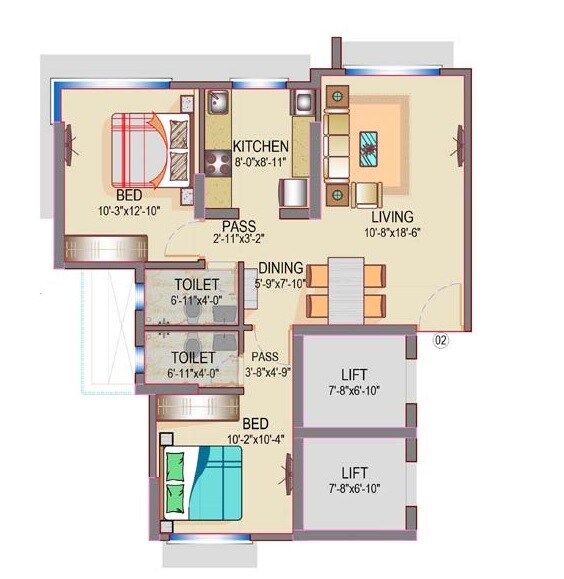 Floor plan of 2 BHK 643 Sq. Ft. Apartment in Romell Empress Phase II, Mumbai