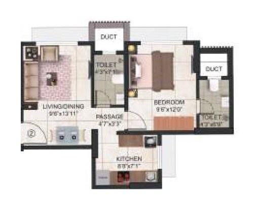 Floor plan of 1 BHK 395 Sq. Ft. Apartment in Romell Euphoria, Mumbai