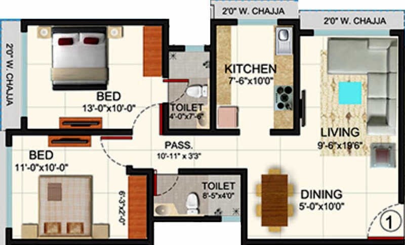 Floor plan of 2 BHK 1105 Sq. Ft. Apartment in Romell  Peyton Place, Mumbai