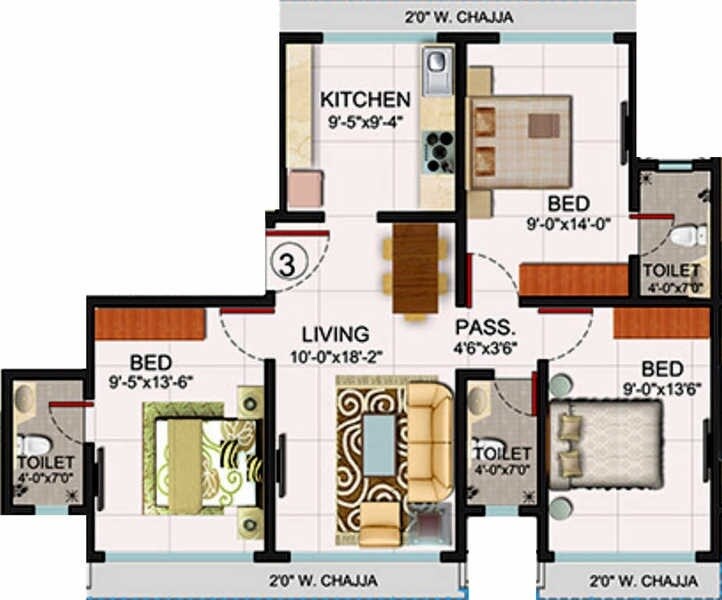 Floor plan of 3 BHK 1245 Sq. Ft. Apartment in Romell  Peyton Place, Mumbai