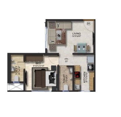 Floor plan of 1 BHK 400 Sq. Ft. Apartment in Romell Rhythm, Mumbai