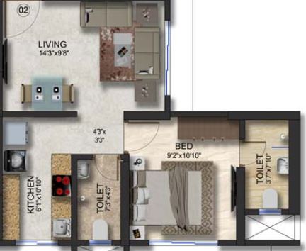 Floor plan of 1 BHK 394 Sq. Ft. Apartment in Romell Rhythm, Mumbai