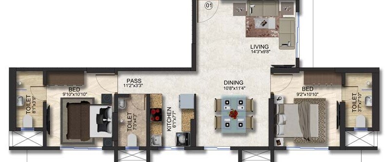Floor plan of 2 BHK 654 Sq. Ft. Apartment in Romell Rhythm, Mumbai
