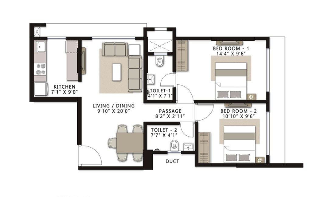Floor plan of 2 BHK Apartment - 610 sq. ft. in Romell Serene, Mumbai