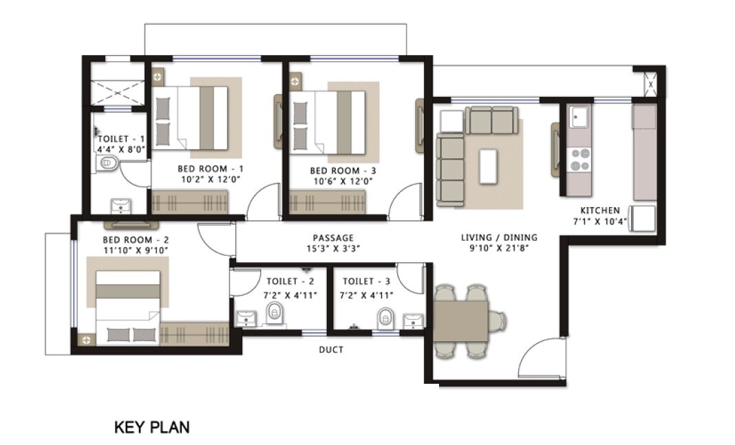 Floor plan of 3 BHK Apartment - 845 sq. ft. in Romell Serene, Mumbai