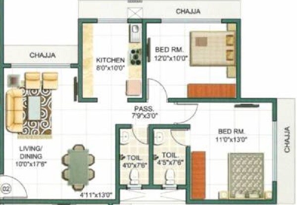 Floor plan of 2 BHK 706 Sq. Ft. Apartment in Romell Shraddha, Mumbai