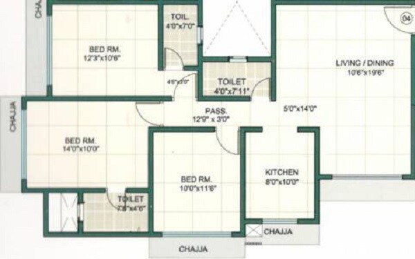 Floor plan of 3 BHK 943 Sq. Ft. Apartment in Romell Shraddha, Mumbai