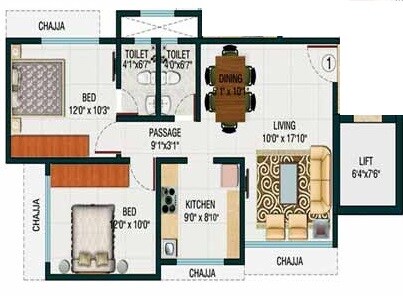Floor plan of 2 BHK 668 Sq. Ft. Apartment in Romell Trimurti, Mumbai