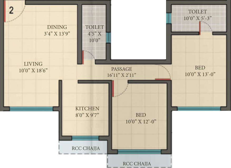 Floor plan of 2 BHK 1215 Sq. Ft. Apartment in Romell Umiya Grandeur, Mumbai
