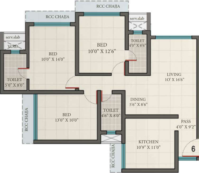 Floor plan of 3 BHK 1560 Sq. Ft. Apartment in Romell Umiya Grandeur, Mumbai