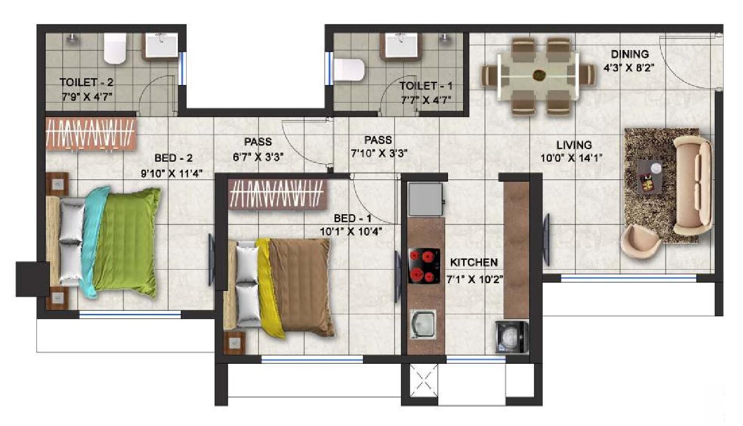2 BHK 630 Sq. Ft. Apartment