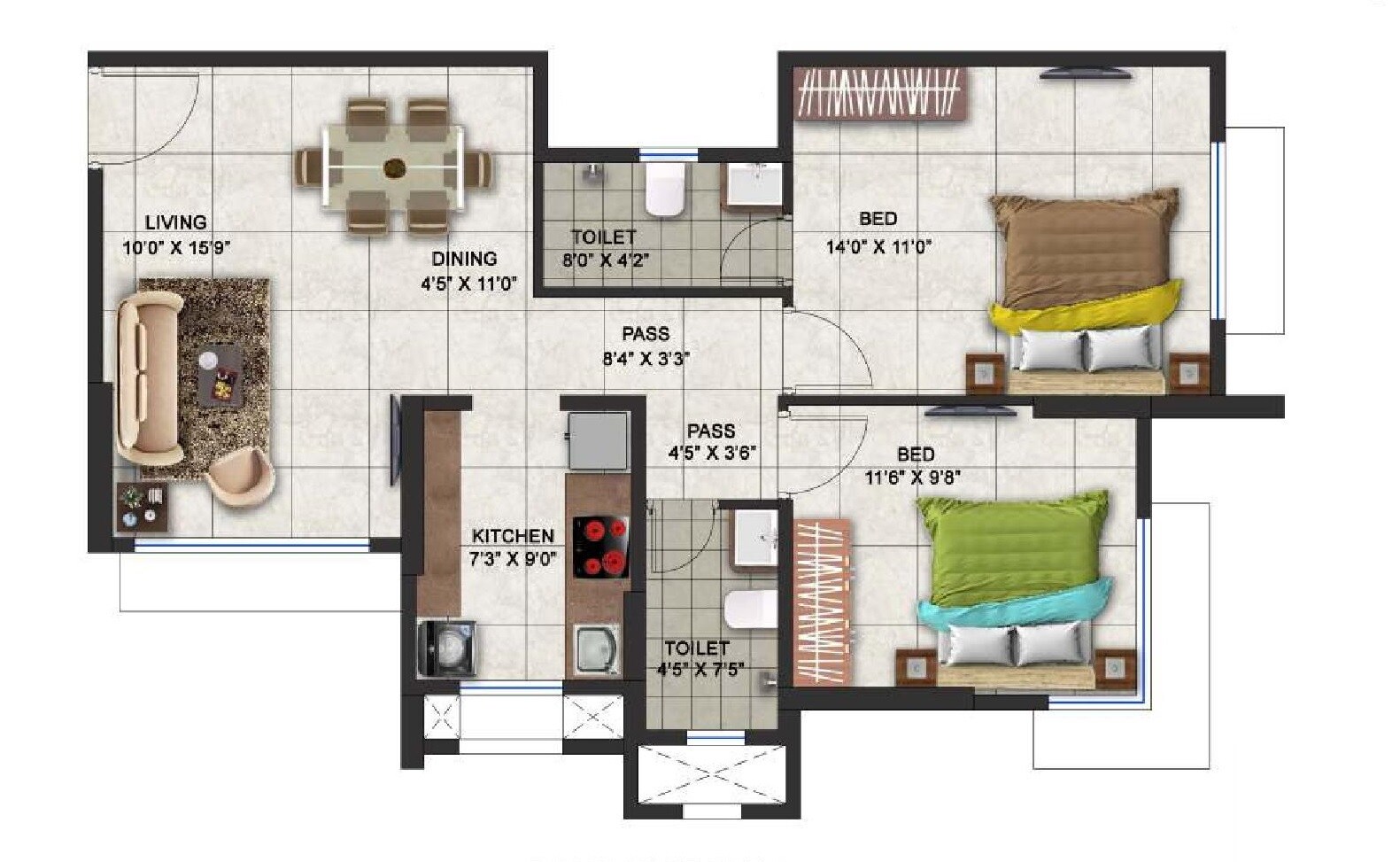 Floor plan of 2 BHK 648 Sq. Ft. Apartment in Romell Vasanthi, Mumbai