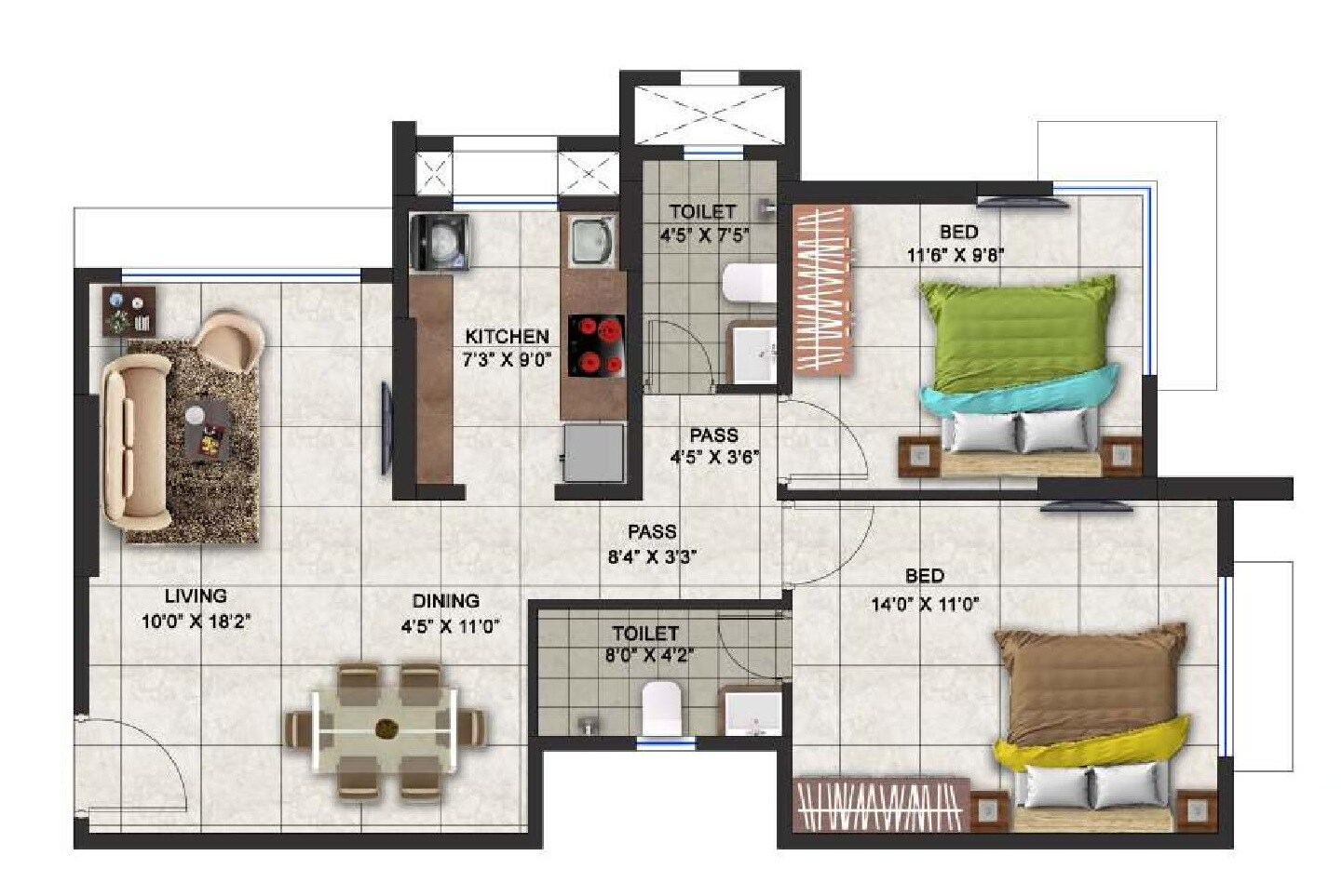 2 BHK 753 Sq. Ft. Apartment