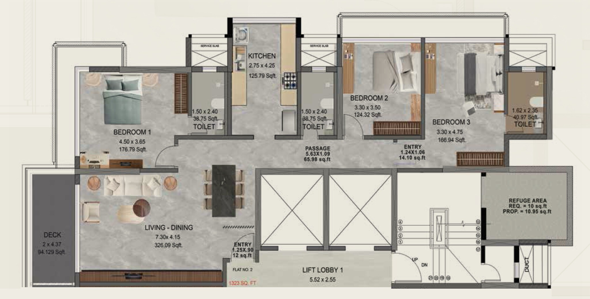 Floor plan of 3 BHK 1325 Sq. Ft. Apartment in Roodraksh Golf Walk, Mumbai