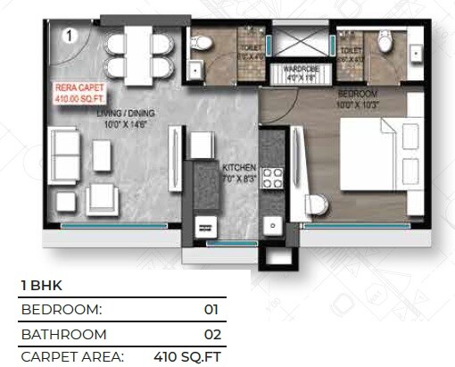 Floor plan of 1 BHK 410 Sq. Ft. Apartment in Roswalt Ray, Mumbai