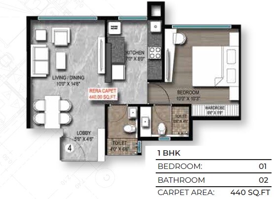 Floor plan of 1 BHK 440 Sq. Ft. Apartment in Roswalt Ray, Mumbai