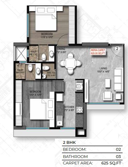 Floor plan of 2 BHK 625 Sq. Ft. Apartment in Roswalt Ray, Mumbai