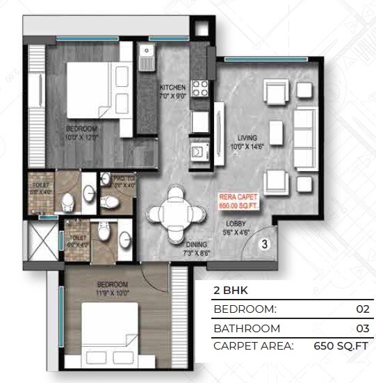 Floor plan of 2 BHK 650 Sq. Ft. Apartment in Roswalt Ray, Mumbai