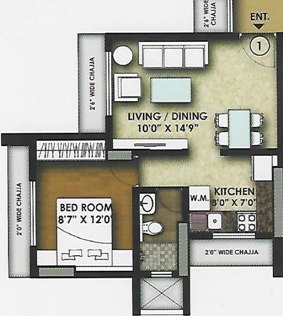 Floor plan of 1 BHK 351 Sq. Ft. Apartment in Roswalt Rayan Park, Mumbai