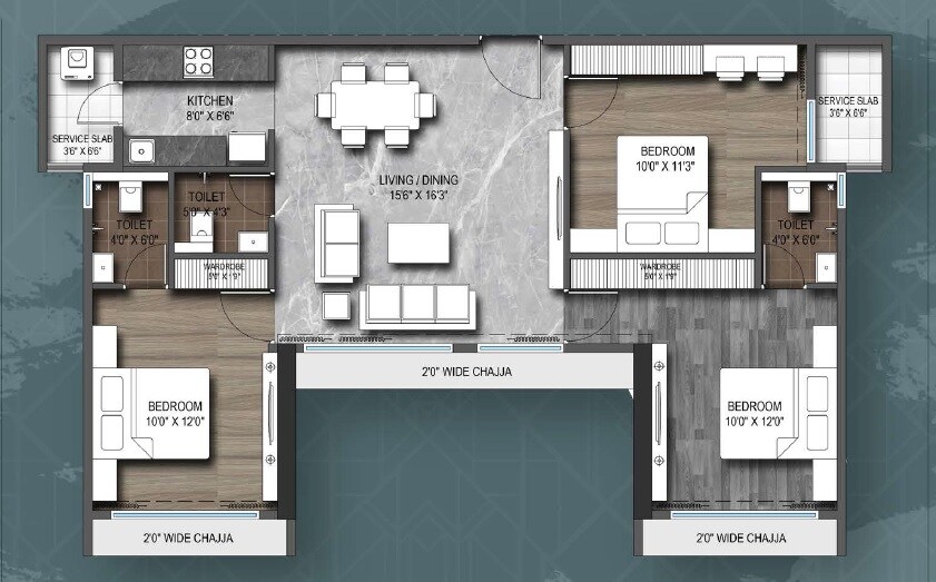 Floor plan of 3 BHK 874 Sq. Ft. Apartment in Roswalt Zaiden, Mumbai