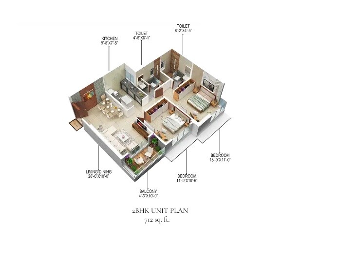 Floor plan of 2 BHK 755 Sq. Ft. Apartment in Royal Bliss, Mumbai