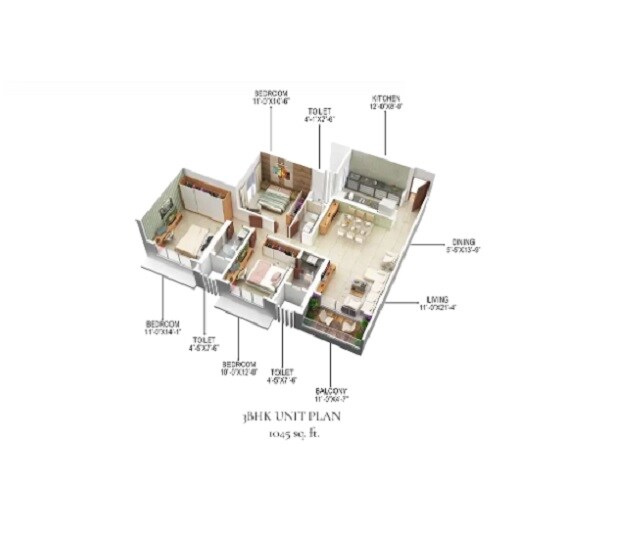 Floor plan of 3 BHK 1045 Sq. Ft. Apartment in Royal Bliss, Mumbai