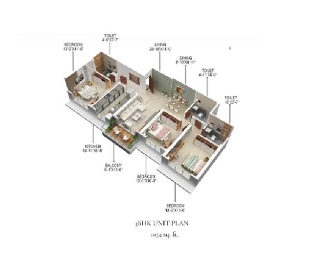 Floor plan of 3 BHK 1095 Sq. Ft. Apartment in Royal Bliss, Mumbai