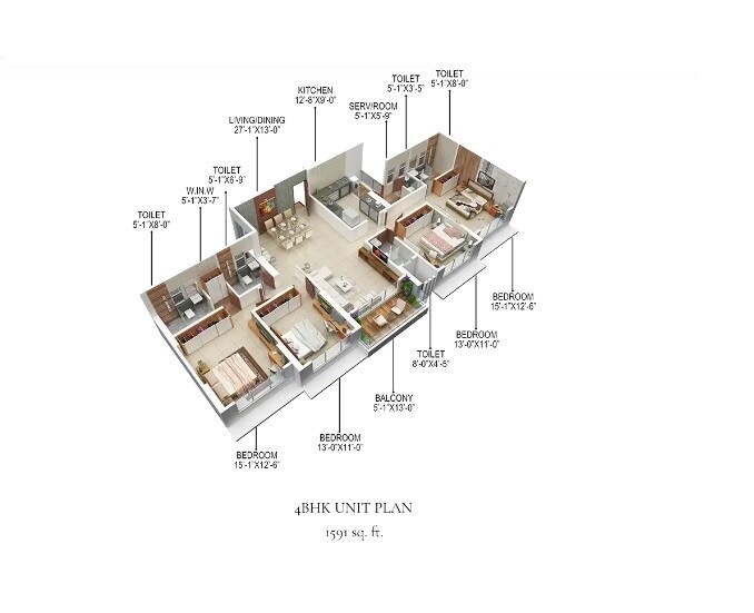 Floor plan of 4 BHK 1591 Sq. Ft. Apartment in Royal Bliss, Mumbai