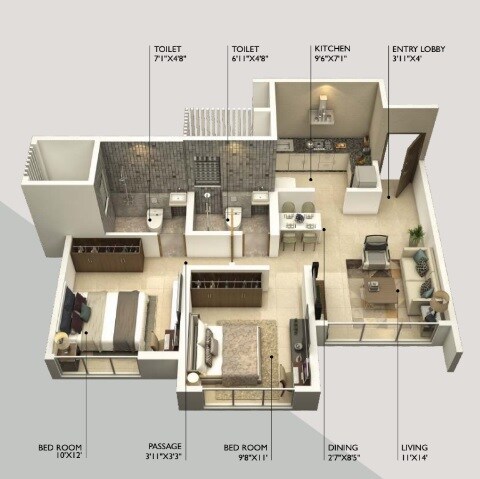 Floor plan of 2 BHK 591 Sq. Ft. Apartment in Royal Lagoon, Mumbai
