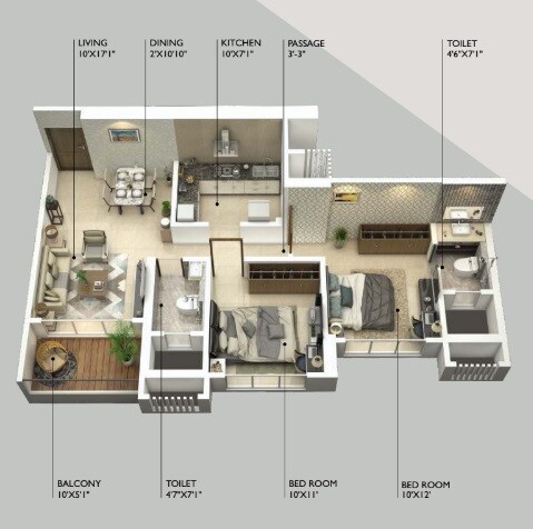 Floor plan of 2 BHK 702 Sq. Ft. Apartment in Royal Lagoon, Mumbai