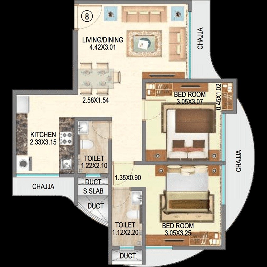 Floor plan of 2 BHK 599 Sq. Ft. Apartment in Royal Oasis, Mumbai