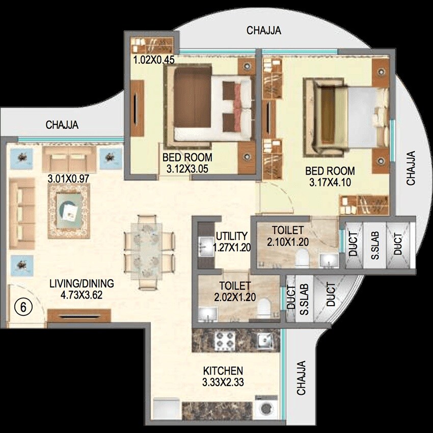 Floor plan of 2 BHK 669 Sq. Ft. Apartment in Royal Oasis, Mumbai