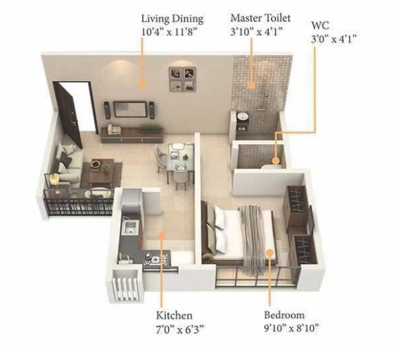 Floor plan of 1 BHK 323 Sq. Ft. Apartment in Royal Pristo, Mumbai