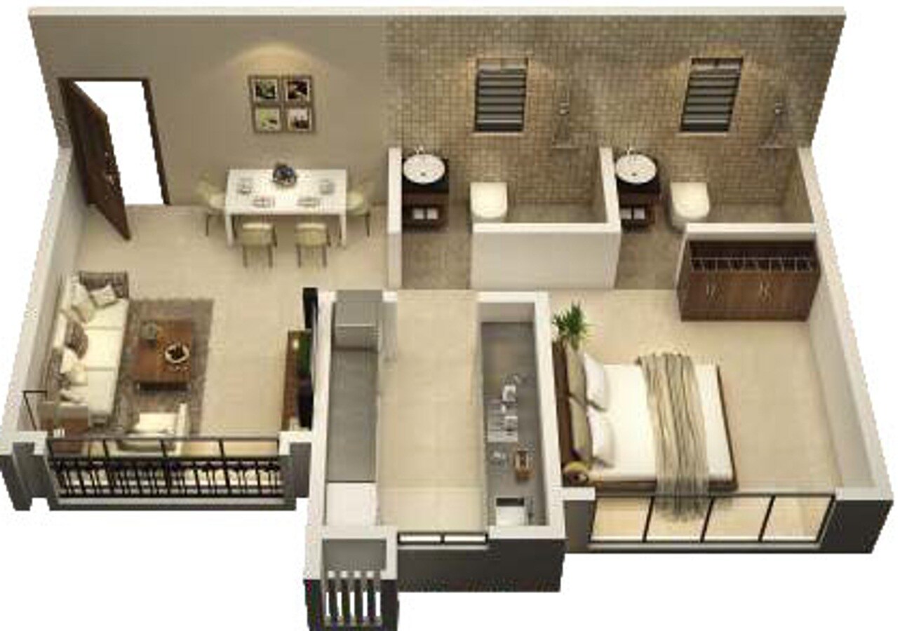 Floor plan of 1 BHK 443 Sq. Ft. Apartment in Royal Pristo, Mumbai