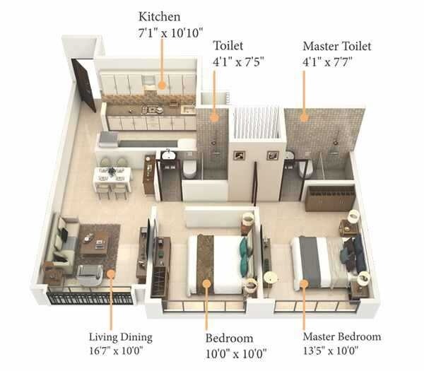 Floor plan of 2 BHK 633 Sq. Ft. Apartment in Royal Pristo, Mumbai