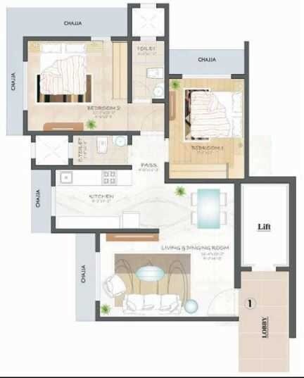 Floor plan of 2 BHK 1050 Sq. Ft. Apartment in Royal Sapphire, Mumbai