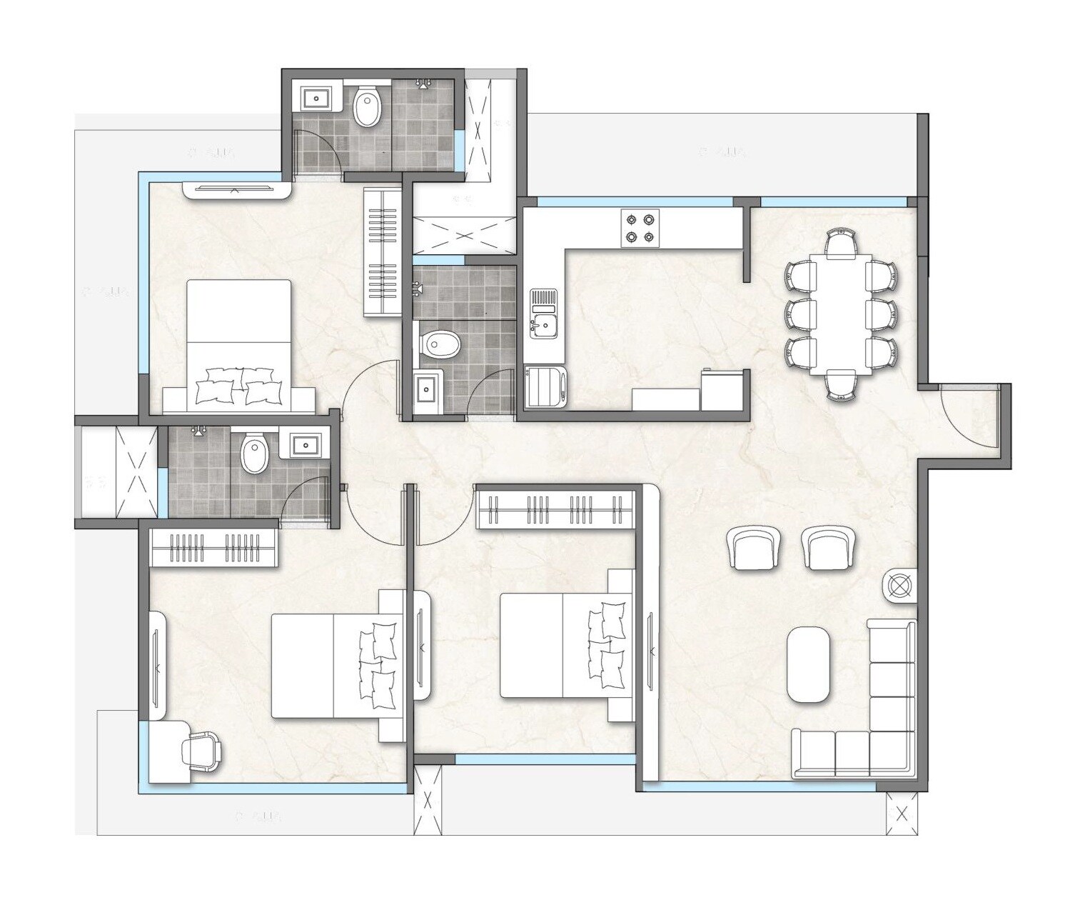 Floor plan of 3 BHK 1020 Sq. Ft. Apartment in RR Residence 16, Mumbai