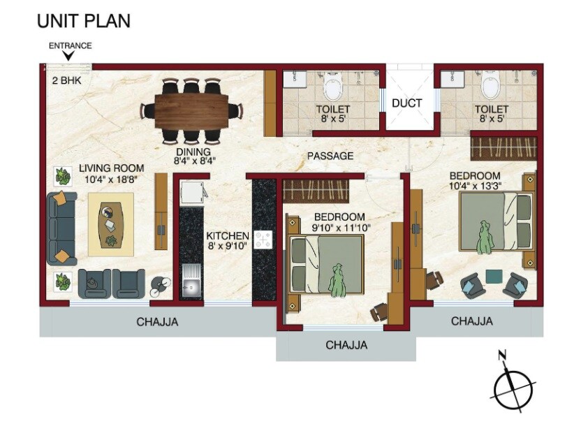 Floor plan of 2 BHK Apartment - 711 sq. ft. in RRB Satra Harmony, Mumbai