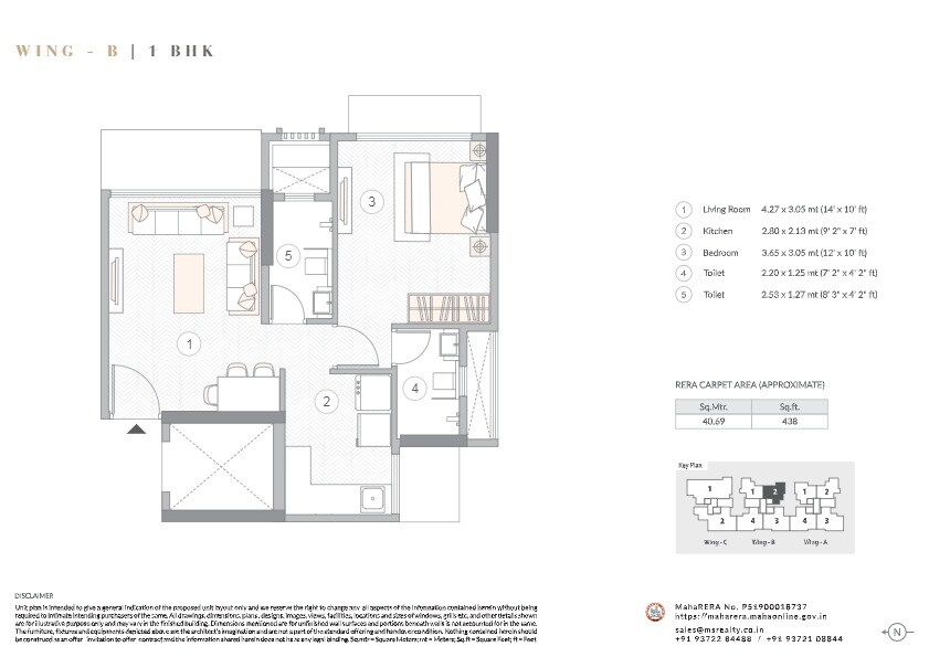 Floor plan of 1 BHK 438 Sq. Ft. Apartment in RSB MS H2O, Mumbai