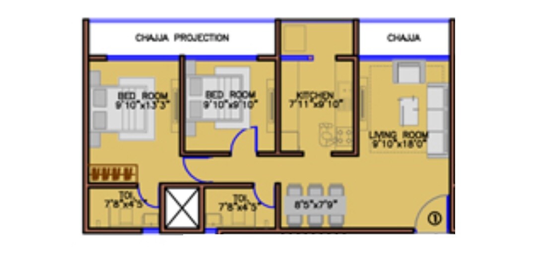 Floor plan of 2 BHK 683 Sq. Ft. Apartment in Rubberwala Agua, Mumbai
