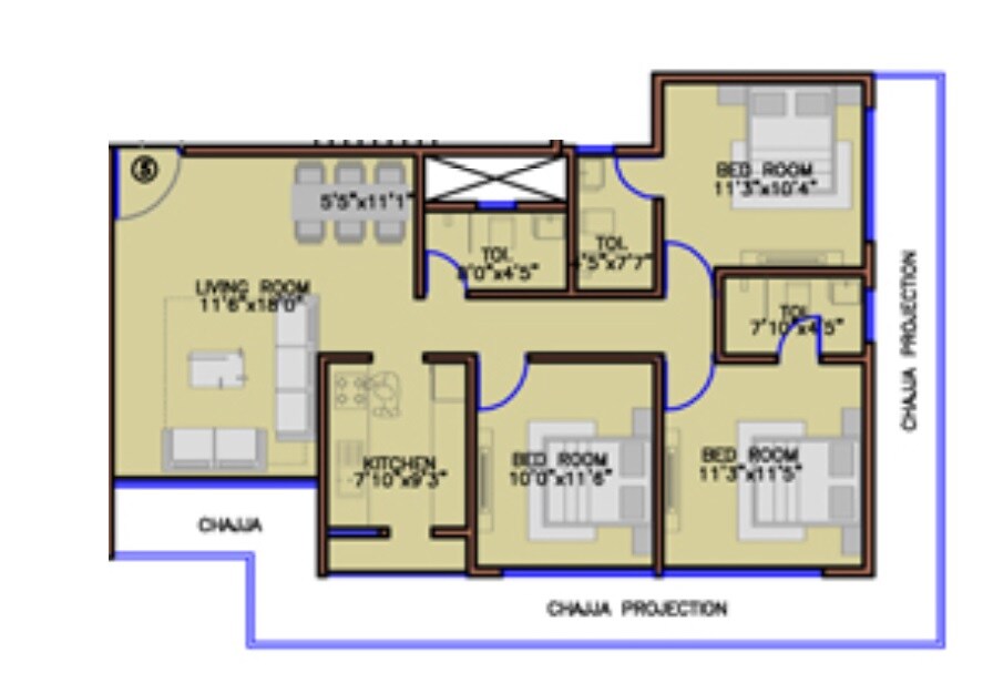Floor plan of 3 BHK 885 Sq. Ft. Apartment in Rubberwala Agua, Mumbai