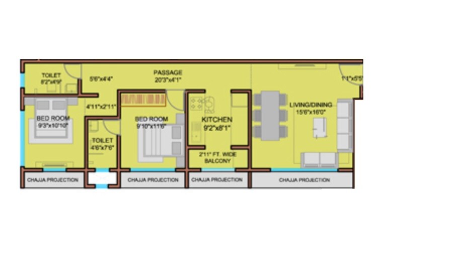 Floor plan of 2 BHK 774 Sq. Ft. Apartment in Rubberwala Alcazar, Mumbai