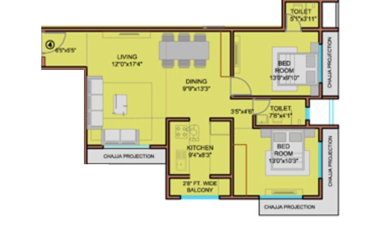 Floor plan of 2 BHK 810 Sq. Ft. Apartment in Rubberwala Alcazar, Mumbai