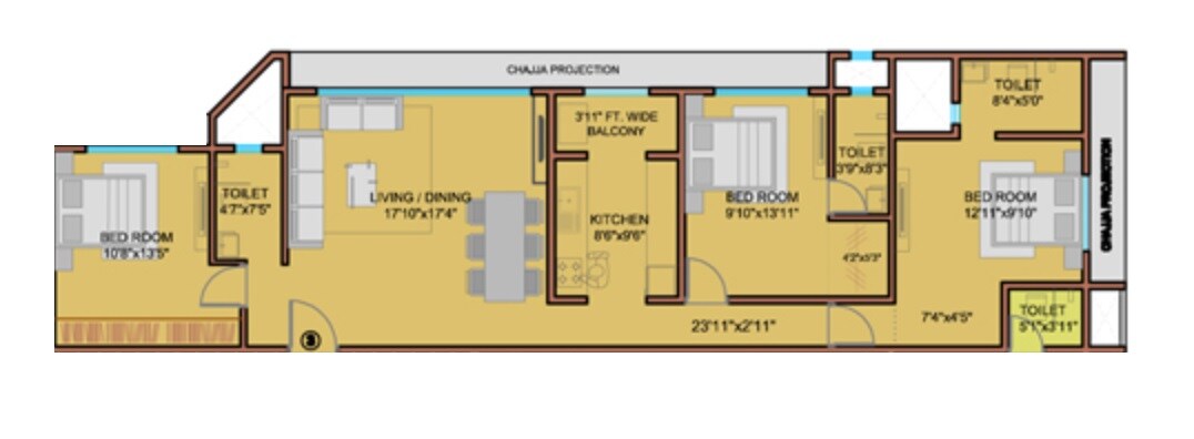 Floor plan of 3 BHK 1100 Sq. Ft. Apartment in Rubberwala Alcazar, Mumbai