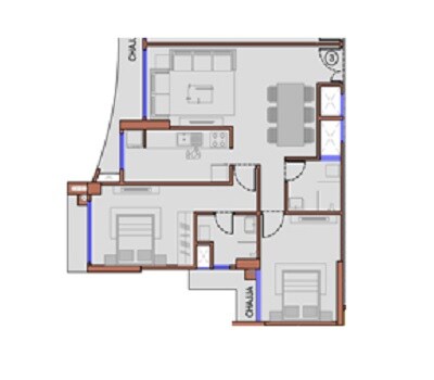Floor plan of 2 BHK 674 Sq. Ft. Apartment in Rubberwala Fuego, Mumbai